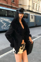 Solid Spliced PU Leather Lapel Patchwork Fur Coat