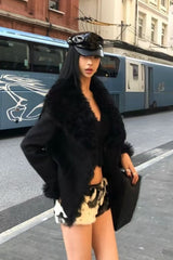 Solid Spliced PU Leather Lapel Patchwork Fur Coat