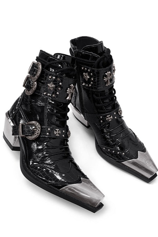 Studded Metal-Toe Cowboy Ankle Boots