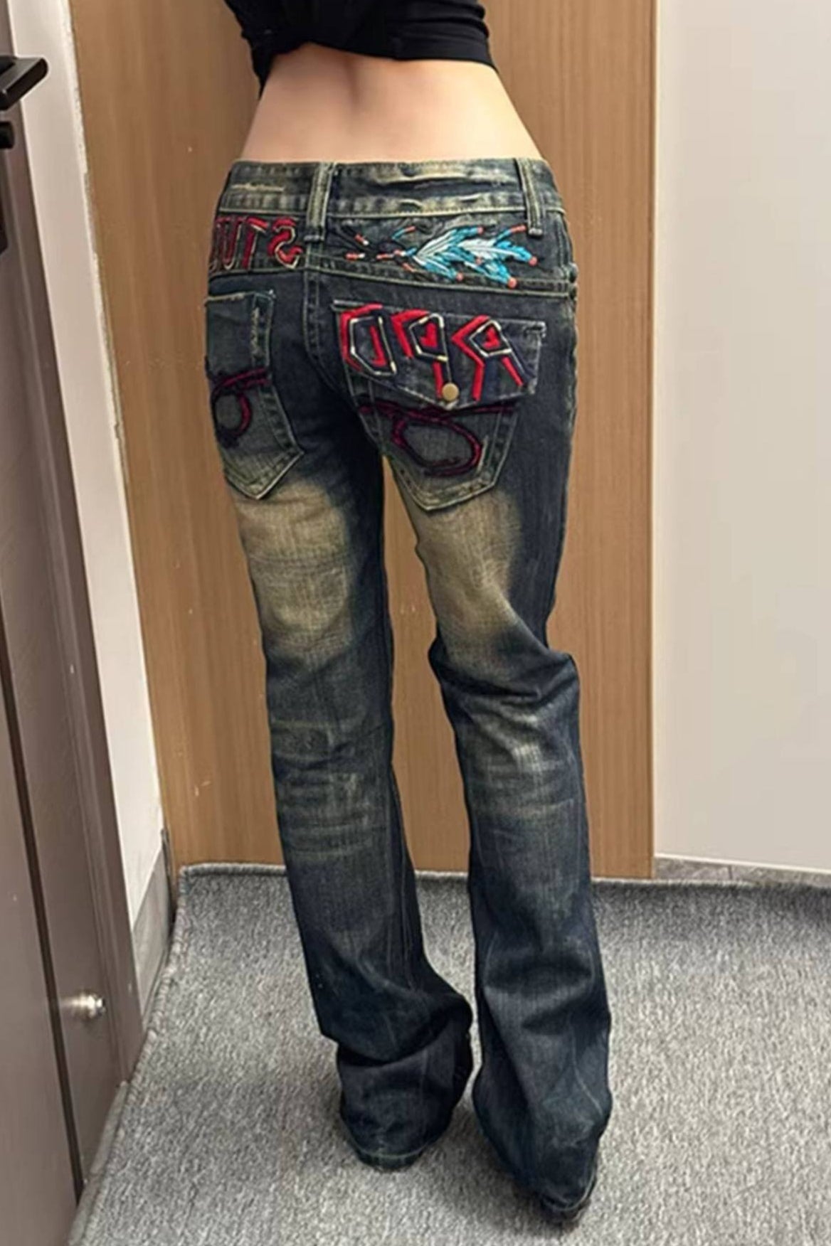 Embroidered Washed Denim Pants Main image