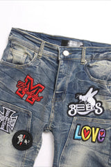Blue Punk Stitched Badge Flare Denim Pants