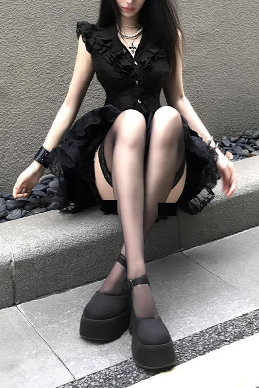 Black Lace Shirt And Tiered Mini Skirt Set
