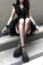 Black Lace Shirt And Tiered Mini Skirt Set
