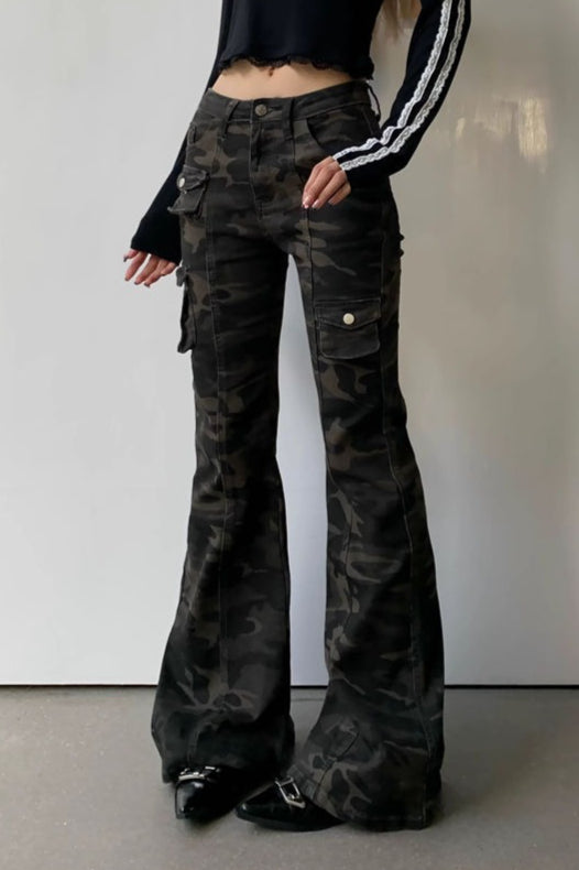 Camouflage Flared Cargo Pocket Pants