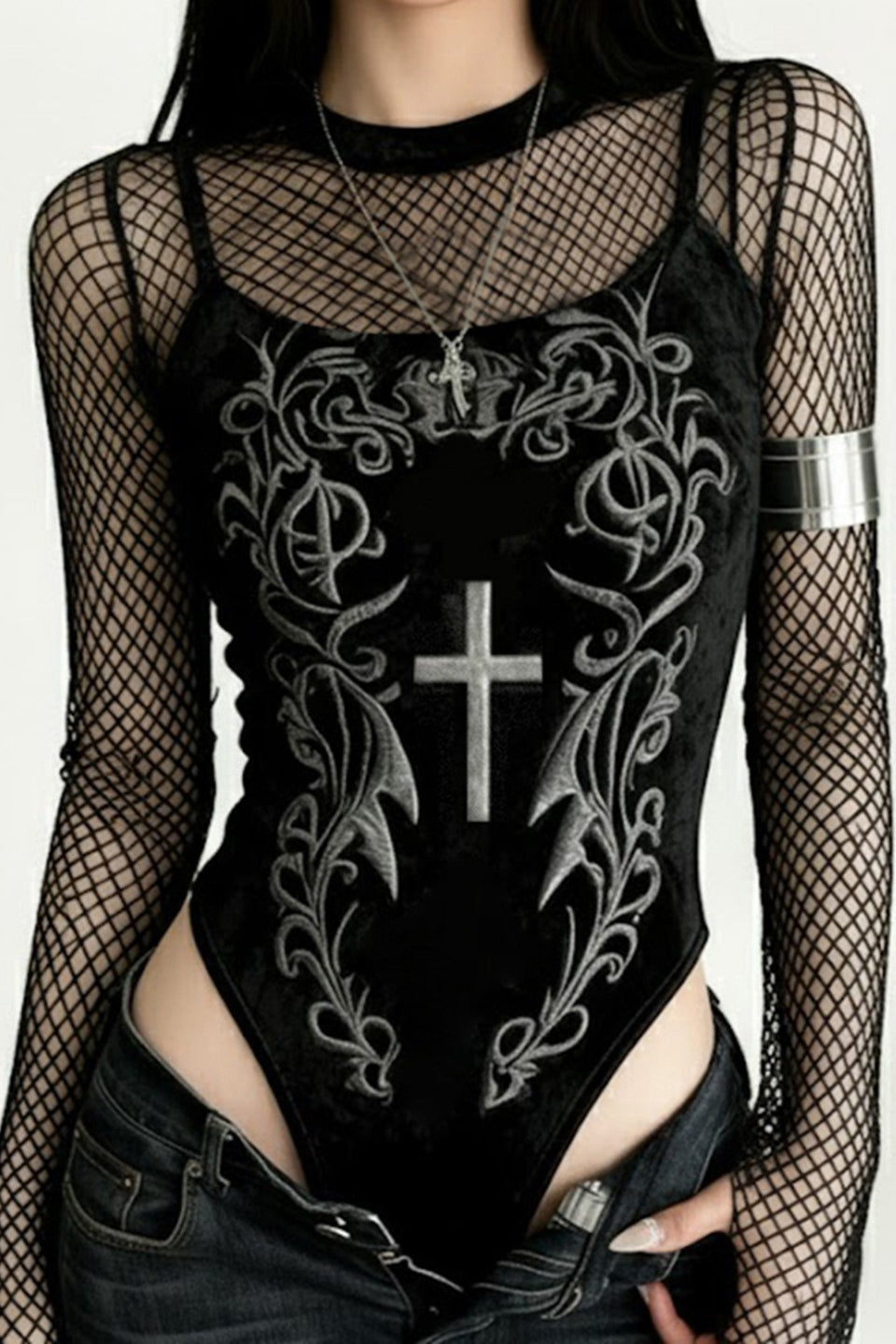 Cross Scroll Fishnet Sleeve Bodysuit Main image