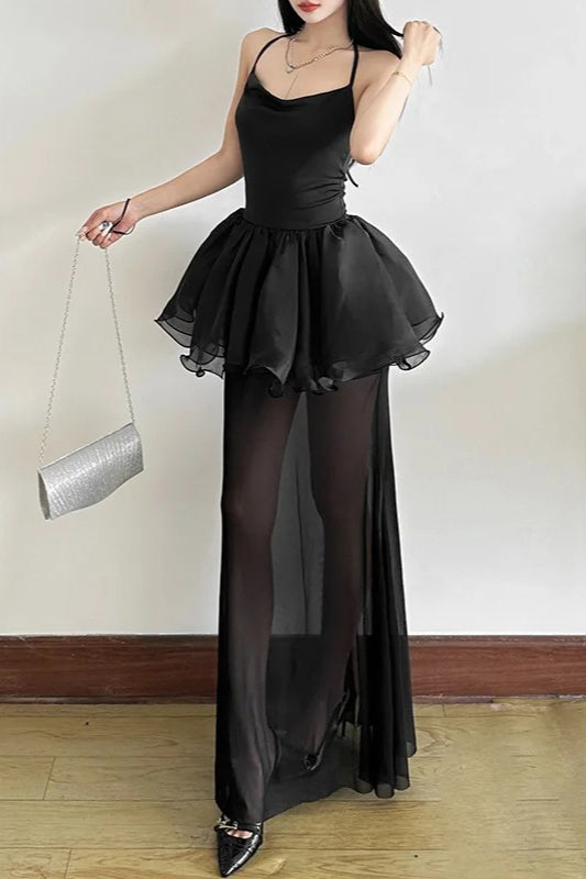 Goth Dark Halter Mesh Stitch Hem Backless Maxi Dress Secondary image