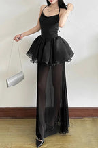 Goth Dark Halter Mesh Stitch Hem Backless Maxi Dress