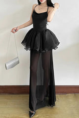 Goth Dark Halter Mesh Stitch Hem Backless Maxi Dress