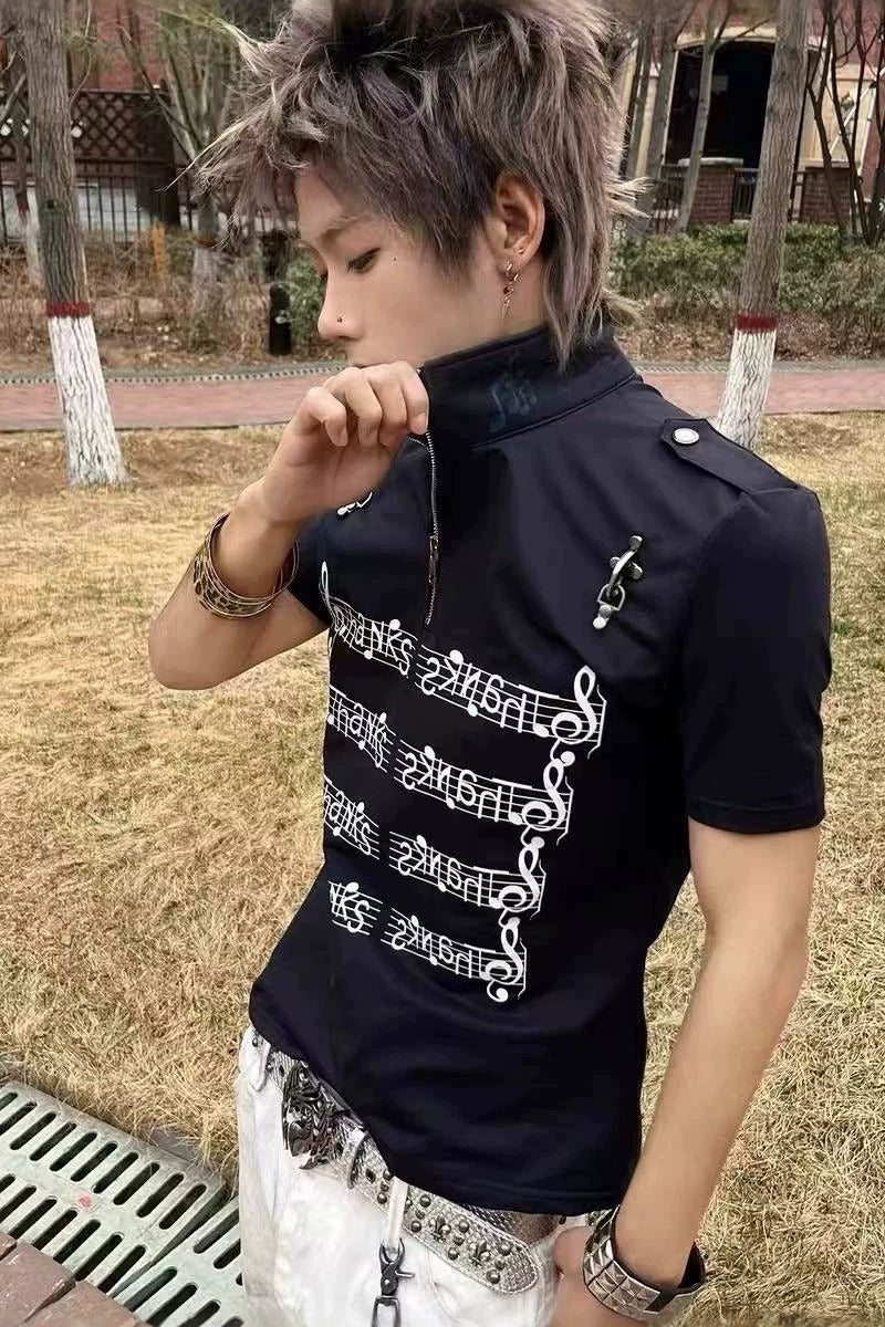 Sheet Music Printed Stand Collar Shoulder Fit T-shirt