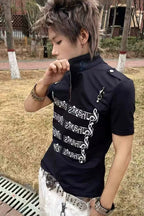 Sheet Music Printed Stand Collar Shoulder Fit T-shirt