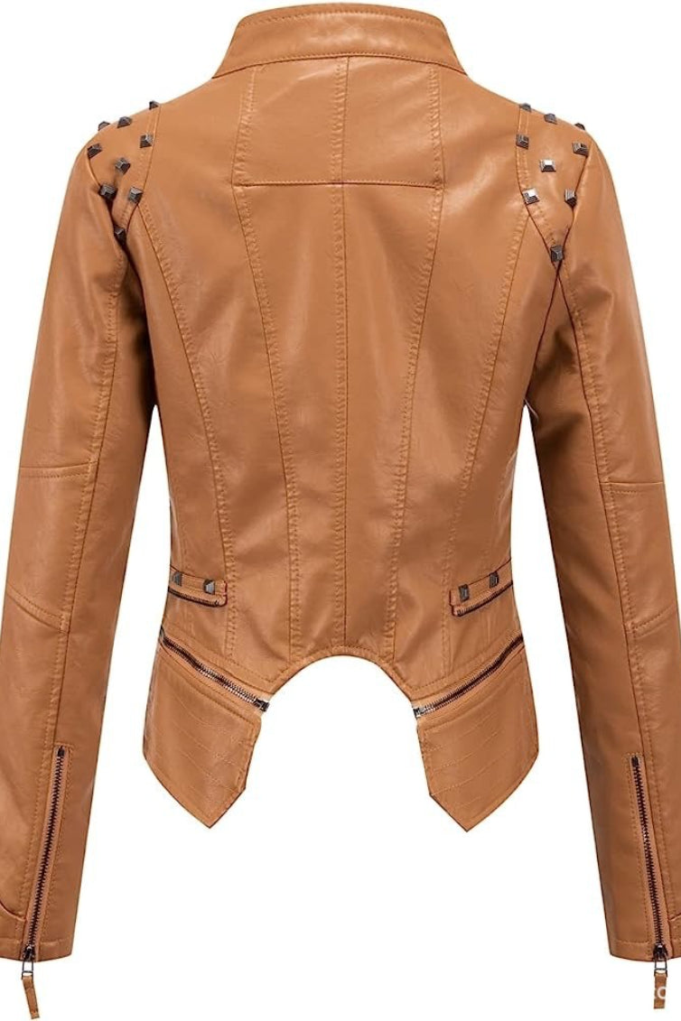 Studded Asymmetric Zip Fitted Leather Jacket