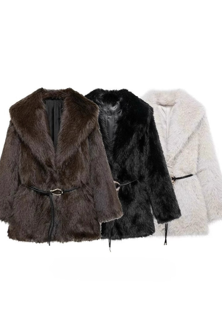Belted Shaggy Faux Fur Longline Coat Main image