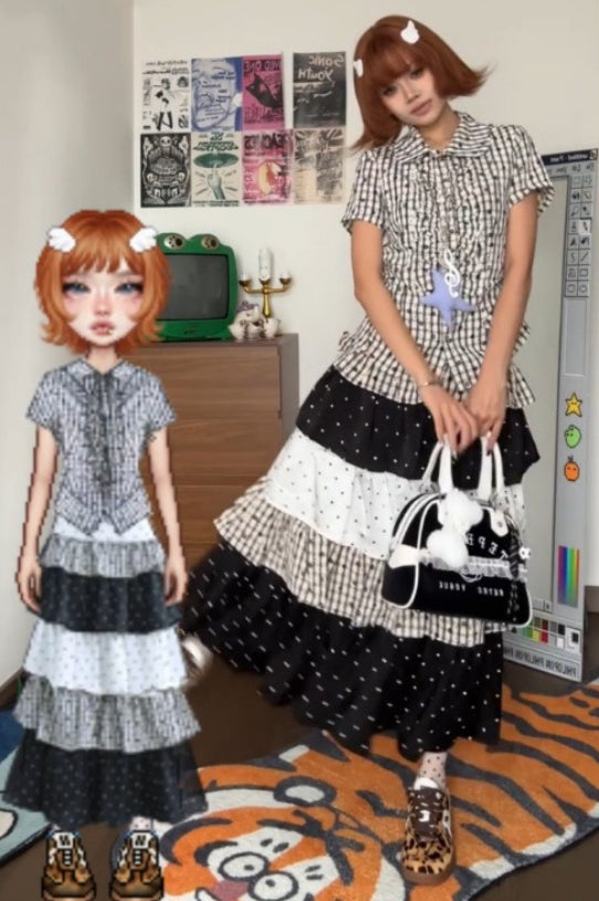 Niche Alt Y2K Plaid Patchwork Maxi Skirt