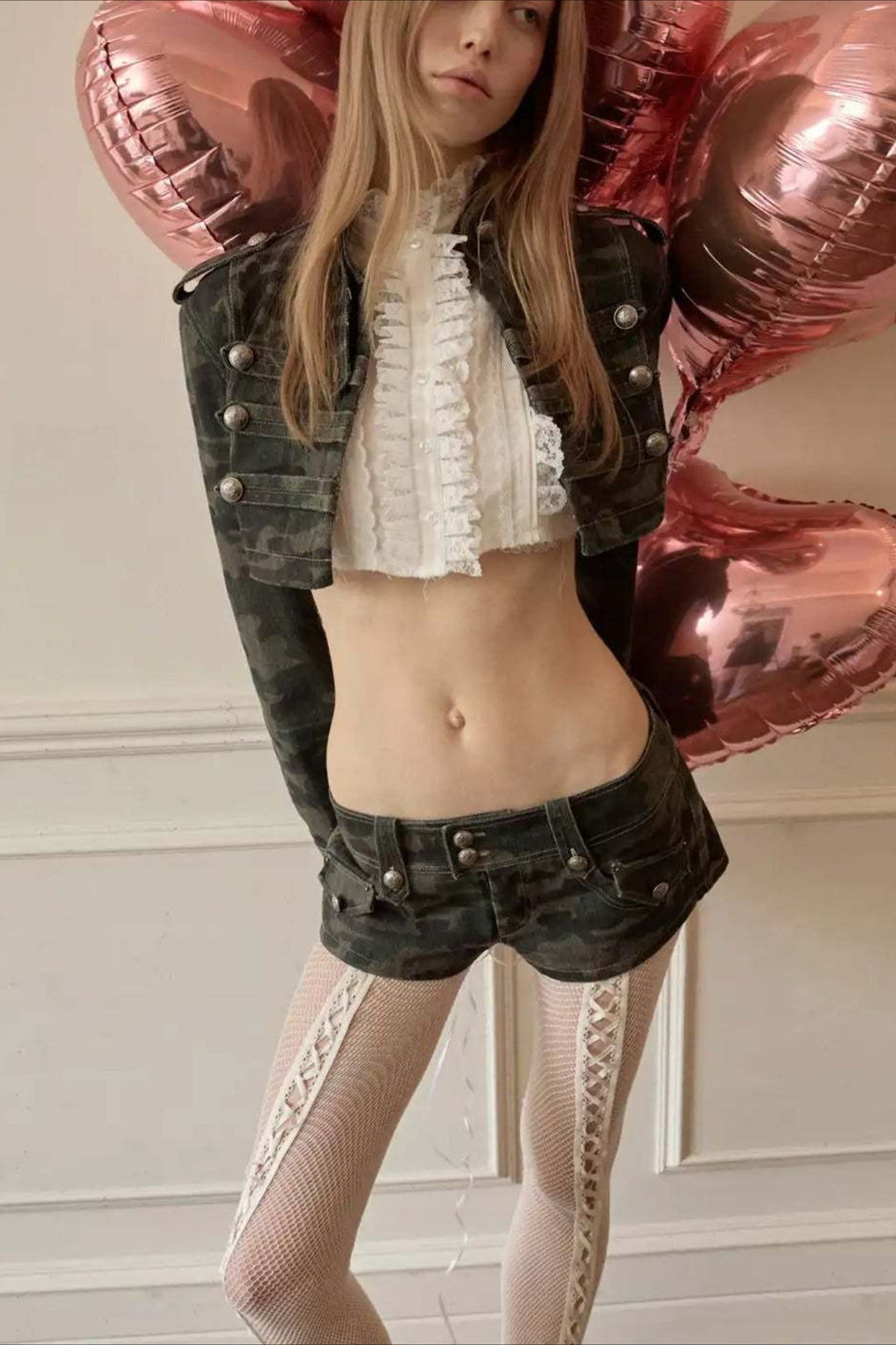 Camo Denim Cropped Jacket And Shorts Set