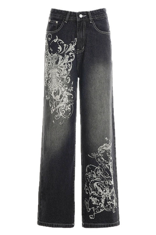 Ornate Scroll Washed Denim Pants