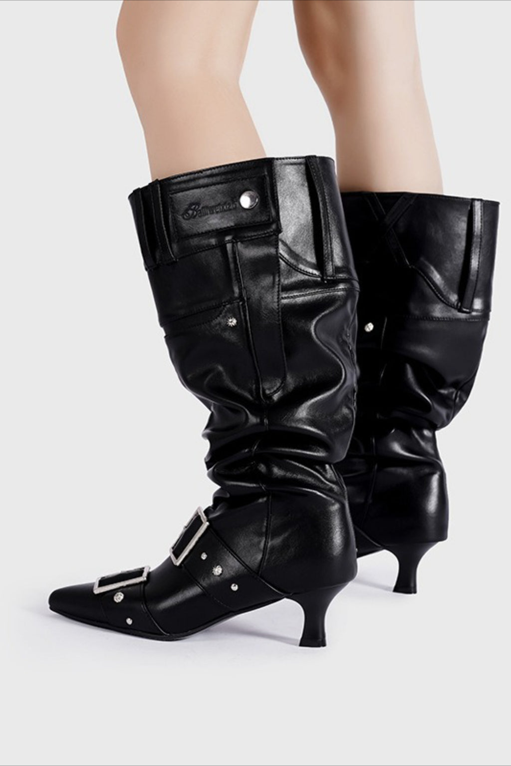 Pointed Buckle Slouch Knee-High Boots