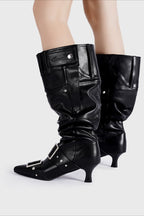 Pointed Buckle Slouch Knee-High Boots