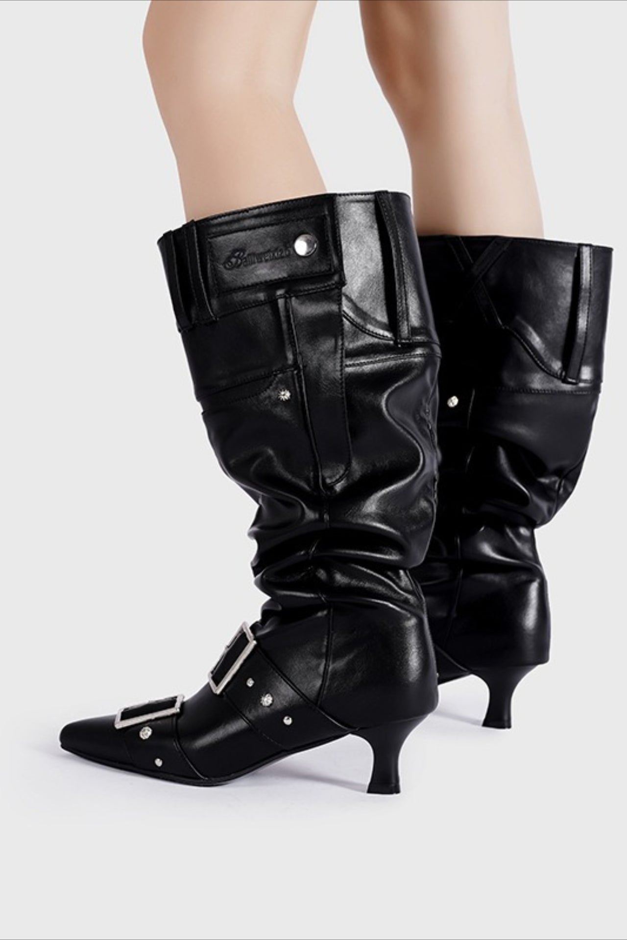 Pointed Buckle Slouch Knee-High Boots