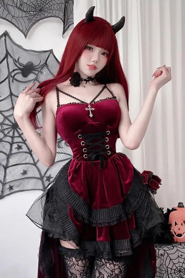 Dovetail Lace Halter Dark Gothic Midi Dress