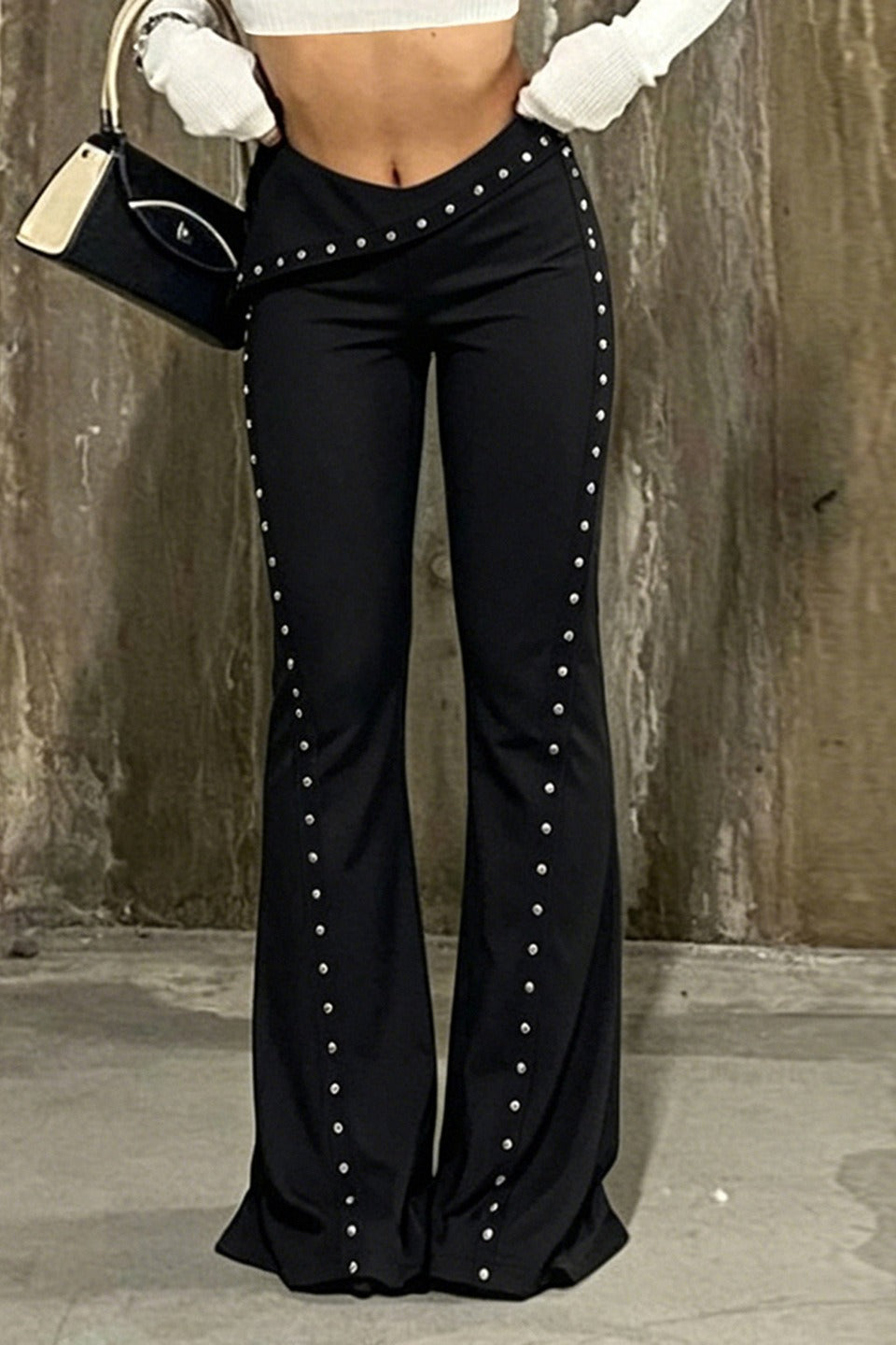 Stud Trim Foldover Waist Flare Pants
