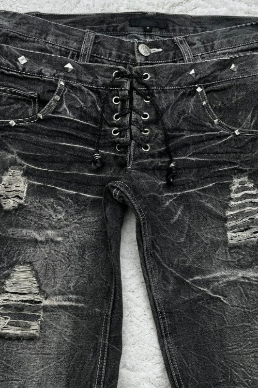 Lace Up Double Waist Distressed Jeans