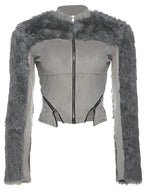 Futuristic Long Sleeve Fur Patchwork Slim Coat