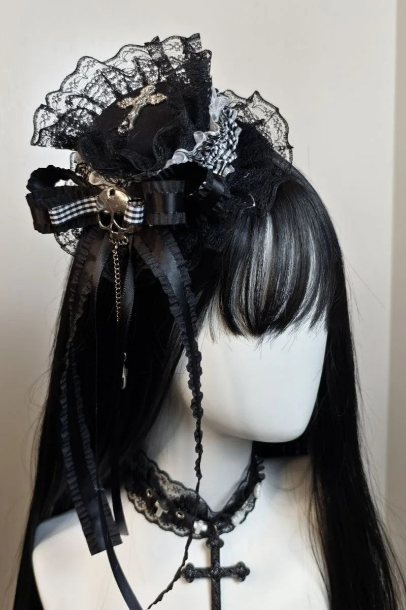 Y2K Gothic Bow Lace Skull Cross Lolita Mini Top Hat Main image