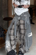 Patchwork Plaid Wide-Leg Jeans