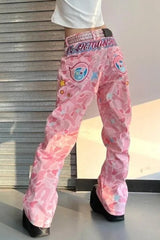 Pink Camouflage Anime Embroidery Pants