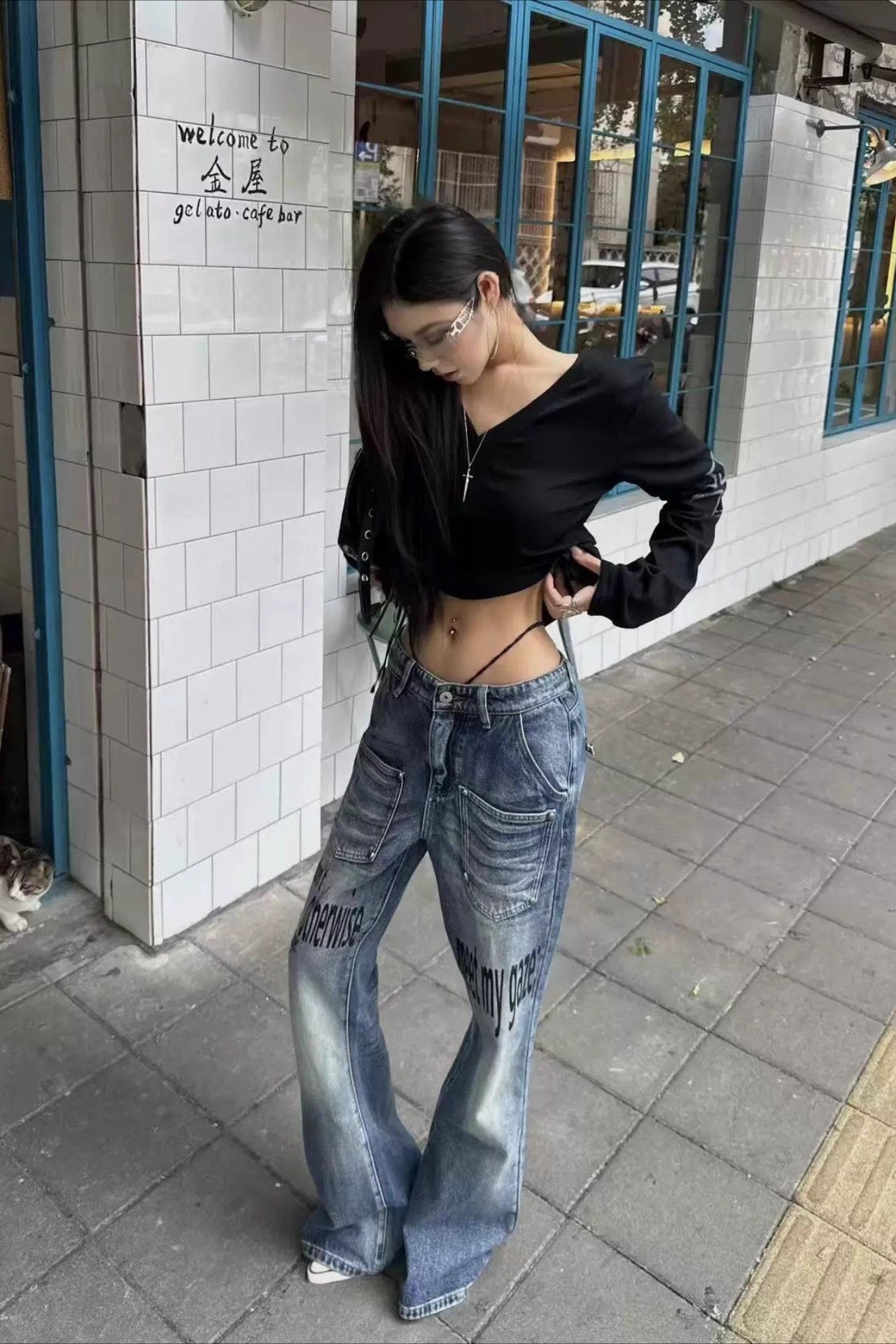 Slogan Print Studded Flare Jeans Secondary image