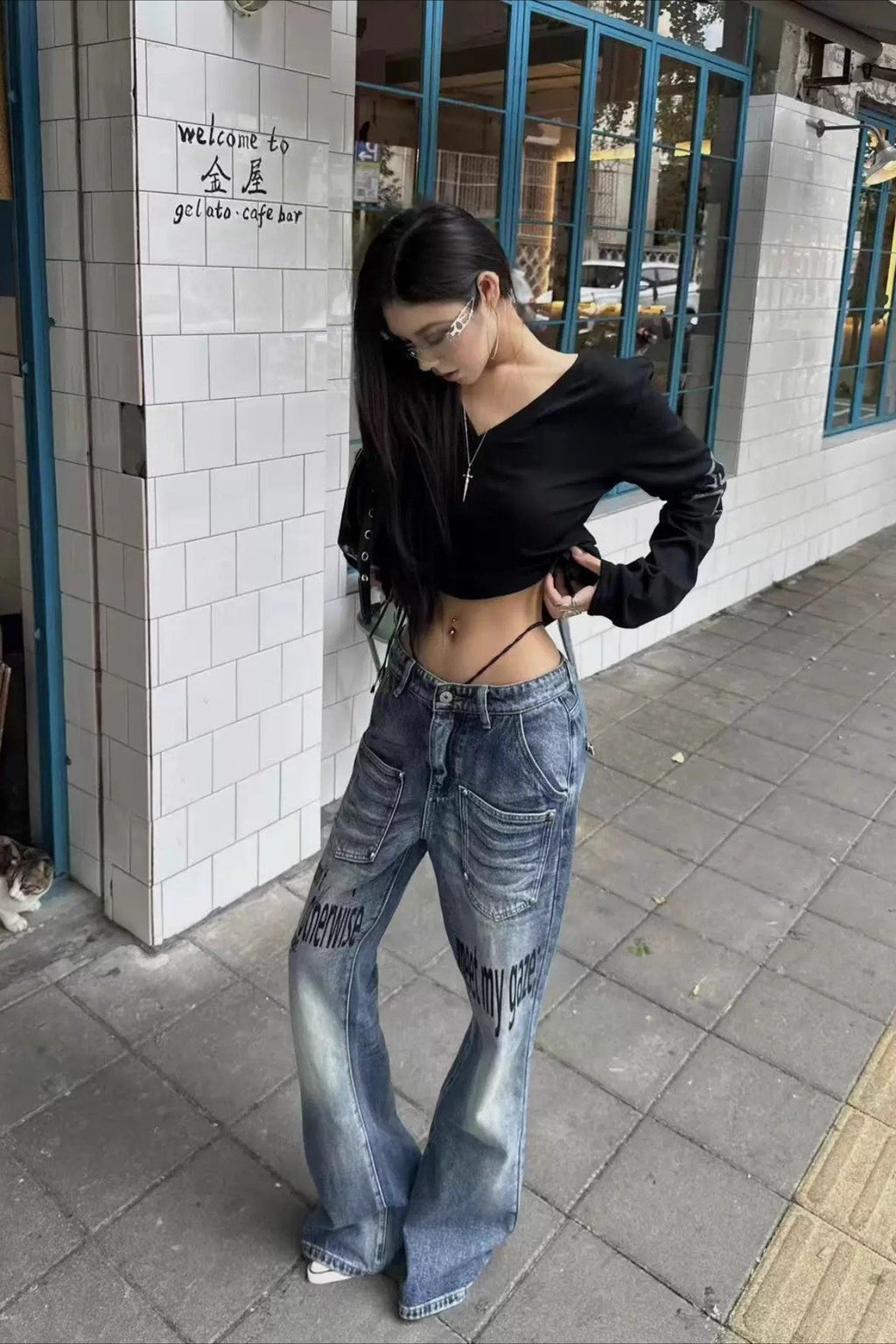 Slogan Print Studded Flare Jeans