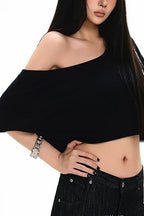Asymmetric Shoulder Cropped Plain T-Shirt