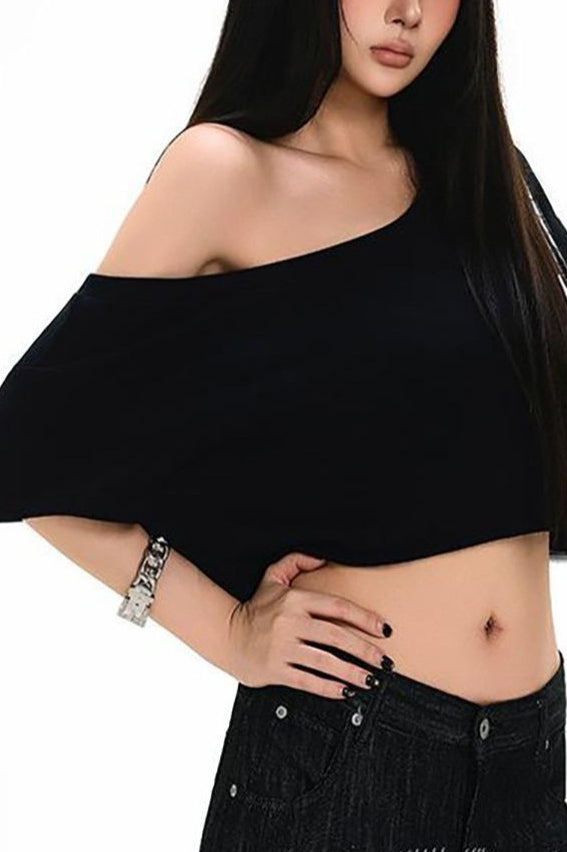 Asymmetric Shoulder Cropped Plain T-Shirt