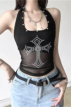Punk Sexy Slim Mesh Rhinestone Halter Cami Top
