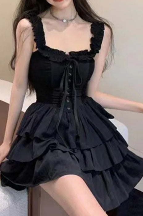 Black Ruffled Lace Up Slip Cake Mini Dress Main image
