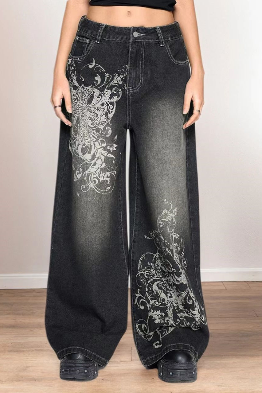 Ornate Scroll Washed Denim Pants