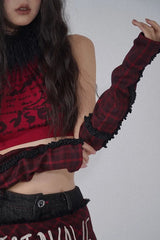 Red Plaid Patchwork Arm Warmer Gloves