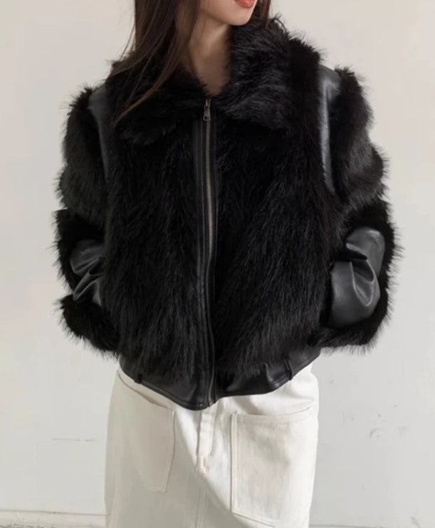 Short Black Patchwork Fur Coat Main image
