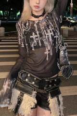 Grunge Streetwear Graphic Mesh Long Sleeve Mesh Top