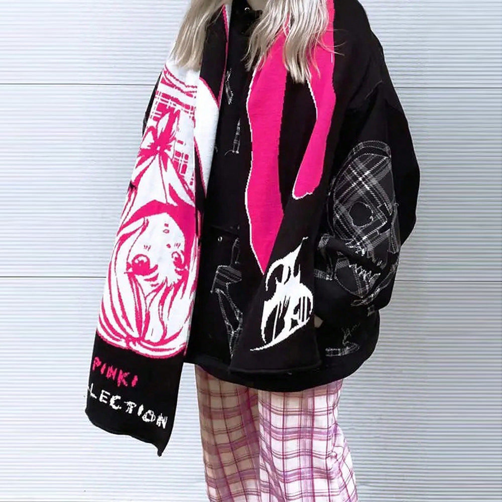 Dark Anime Stripe Reversible Jacquard Knit Warm Scarf Main image