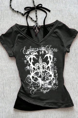 Y2K Print Tie-Detail Patchwork Long Sleeve Knit Top