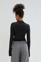Slim Deep V Bell Sleeve Lace Trim Knit Top