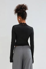 Slim Deep V Bell Sleeve Lace Trim Knit Top