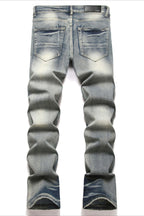 Retro Red Plaid Embroidered Studded Bootcut Denim Pants