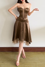 Brown Lace Front Corset Skirt Sets