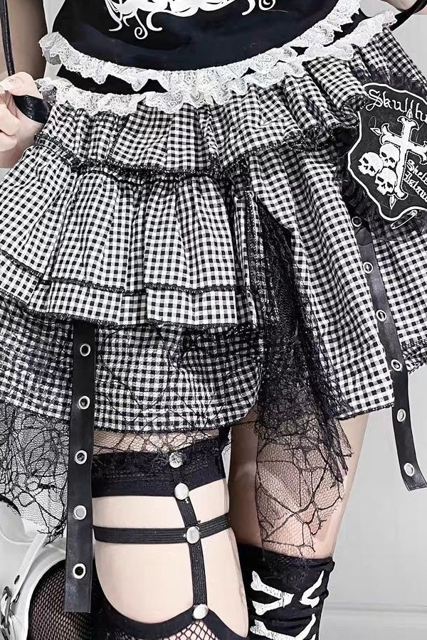 Black and White Plaid Lace Tiered Mini Skirt