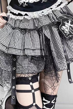 Black and White Plaid Lace Tiered Mini Skirt