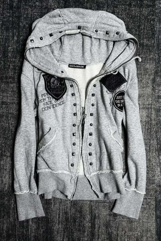 Grommet Patch Fitted Grey Zip Hoodie Main image