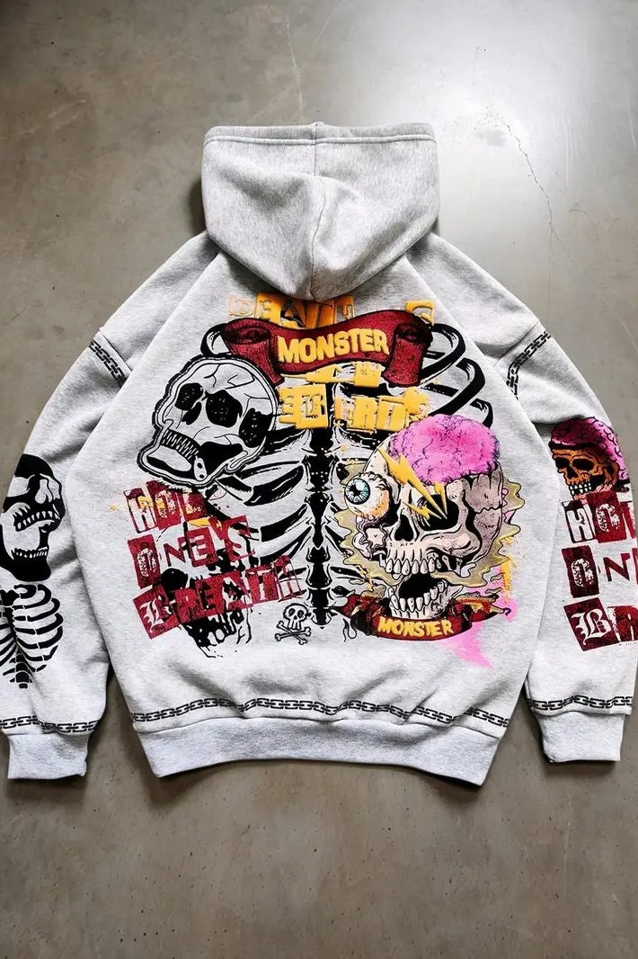 Gothic Skull Print Light Gray Hoodie