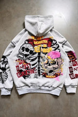 Gothic Skull Print Light Gray  Hoodie